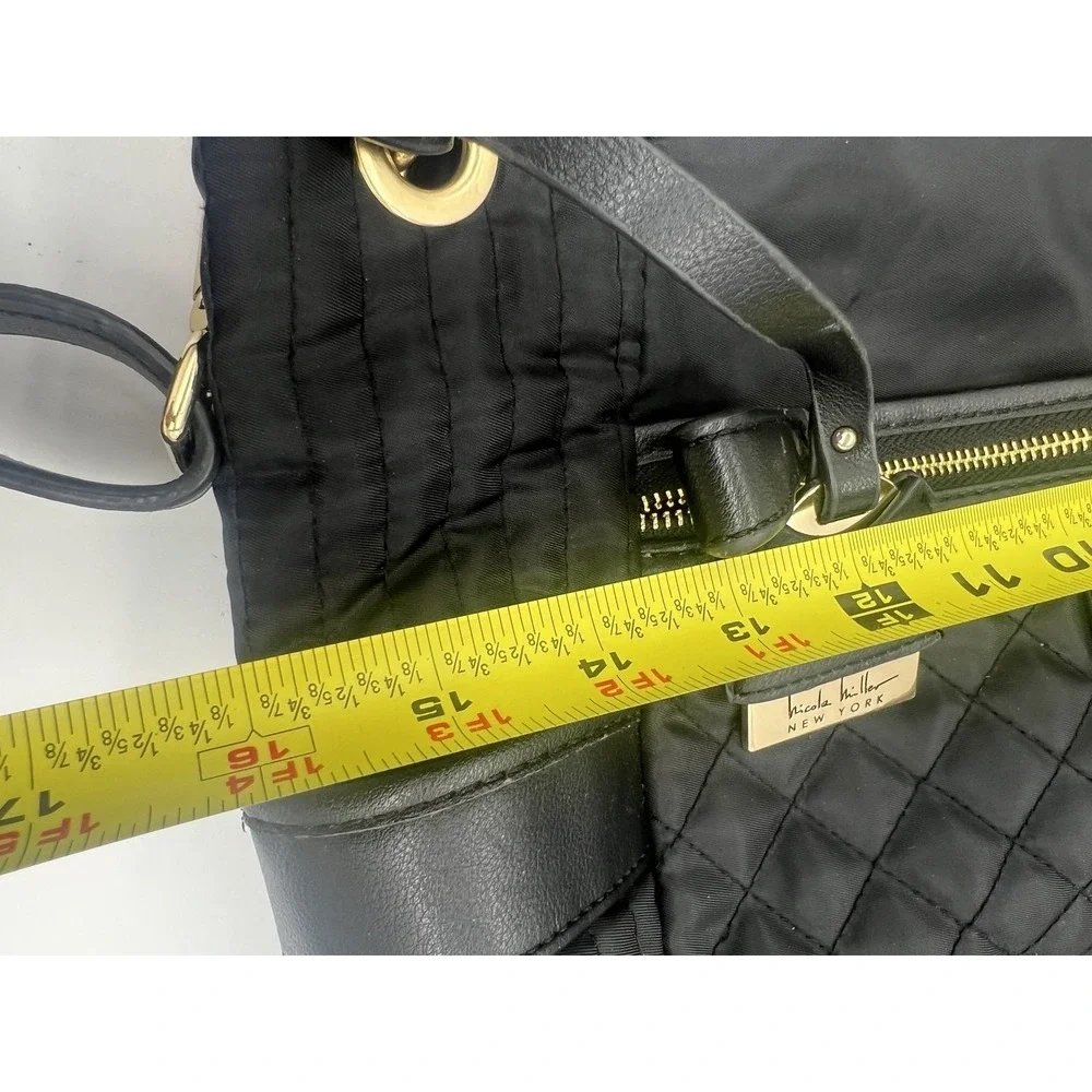 Nicole Miller New York Black Quilted Nylon Shoulder Bag Hobo Leopard Lining